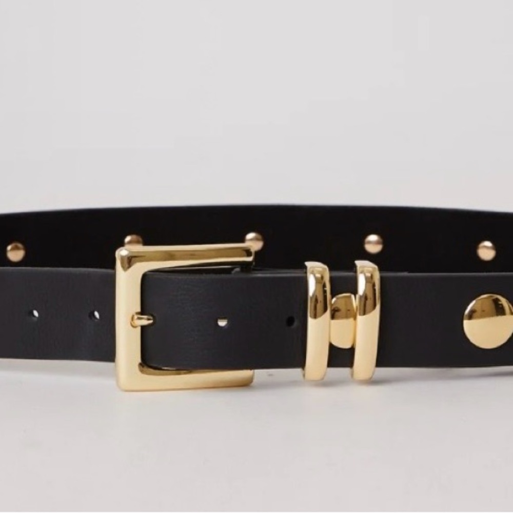 B-Low the Belt Black Leather Belt with Gold Buckle and Studs